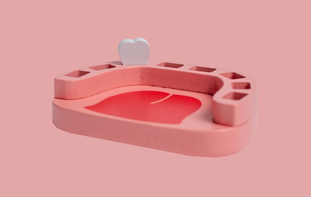 Modèle de mâchoire avec une seule dent de bébé de lait Concept primaire de dents de lait sur fond rose Jeu pour enfants au jouet en bois de dentiste