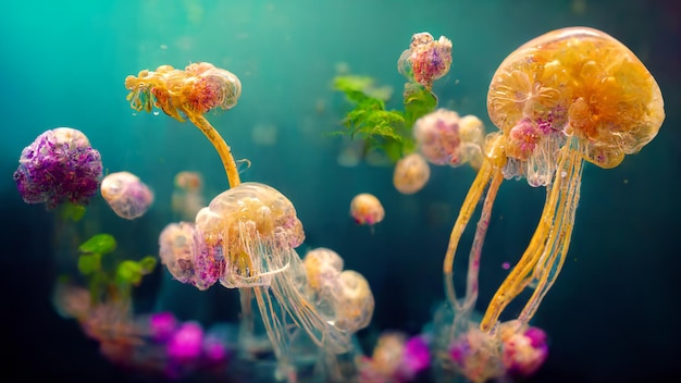 Photo monde sous-marin avec des méduses et des plantes réalistes