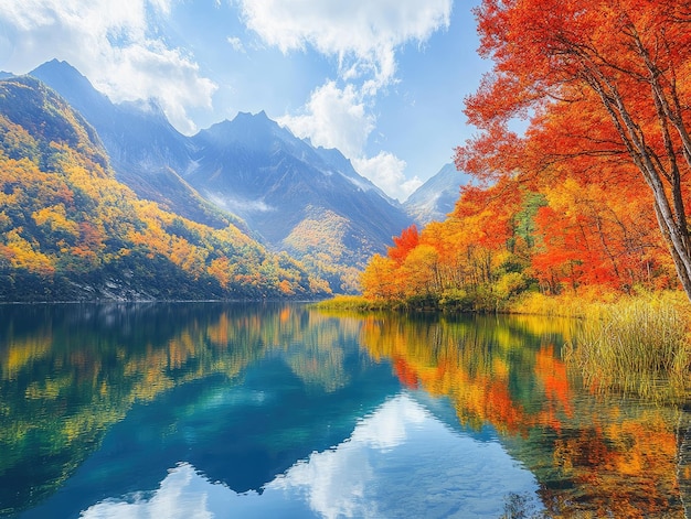 Photo des montagnes verdoyantes, un ciel clair, des lacs clairs entourés d'érables aux couleurs vives.