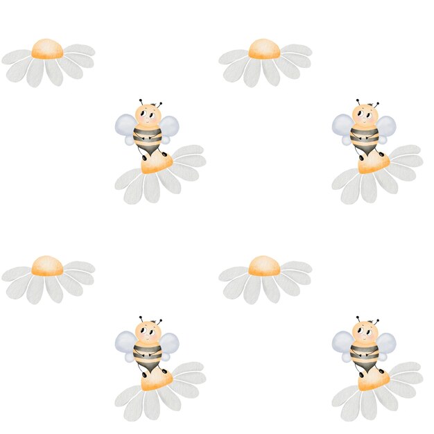 Photo motif sans couture à l'aquarelle avec de mignons abeilles et des fleurs de camomille sur un fond blanc un joli design