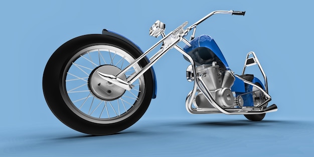 Moto custom classique bleue isolée sur fond bleu clair. rendu 3D.