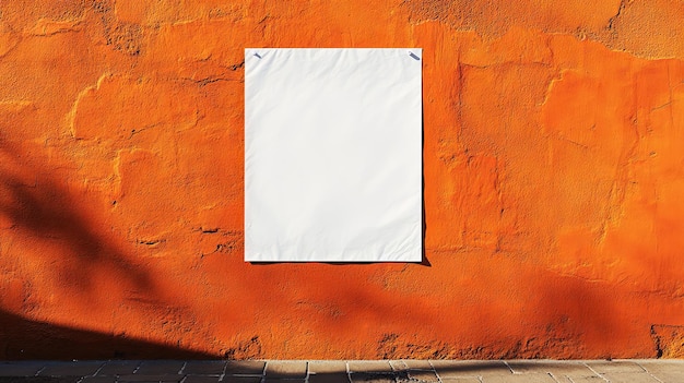 Photo mur orange avec une affiche blanche et ridée collée à des fins de maquette