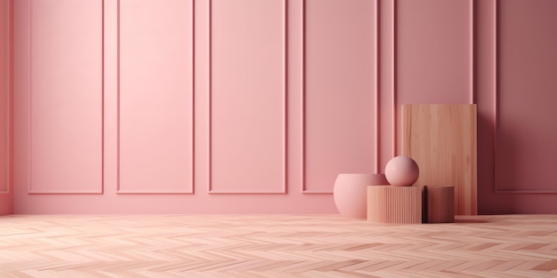 Mur rose dans une pièce avec des boîtes en bois et une boîte en bois.