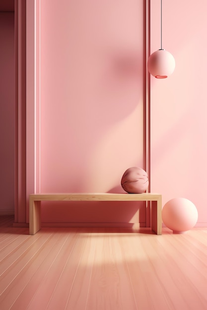 Mur rose avec une étagère et une lampe