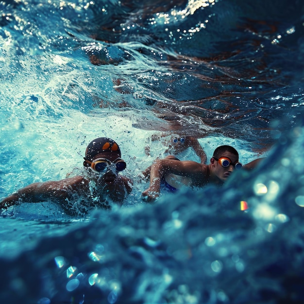 Photo des nageurs professionnels s'affrontent dans l'eau d'une piscine pour remporter le championnat.