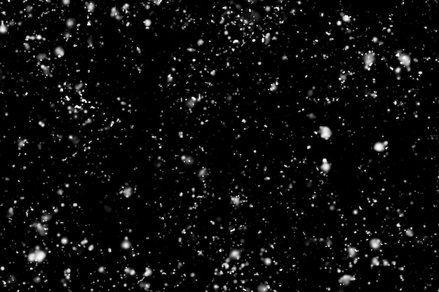 Photo neige qui vole sur le fond noir, utiliser comme texture, motif ou arrière-plan