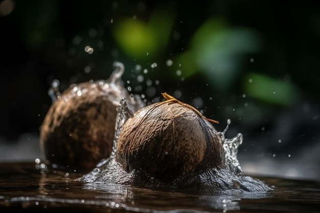 Des noix de coco fraîches à moitié cassées avec de l'eau éclaboussées sur une pierre avec une mise au point sélective et un fond flou