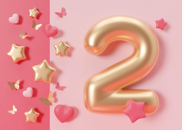 Photo numéro d'or deux sur fond rose 2 ans deuxième anniversaire célébration fête des filles petite fille célèbre un événement spécial anniversaire de l'entreprise de beauté affaires féminines 3d render