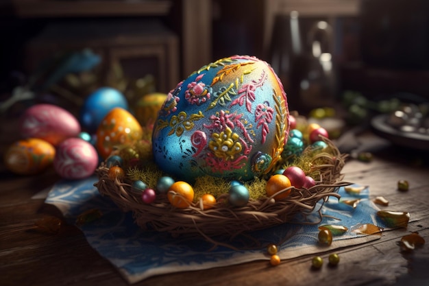 Oeufs de Pâques dans un panier avec des boules colorées sur une table.