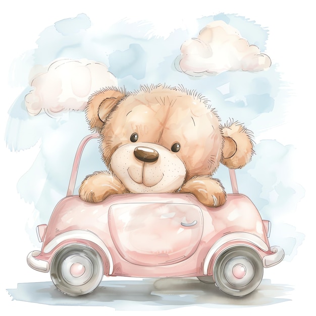 Un ours en peluche dans une voiture illustration jolie aquarelle de pépinière