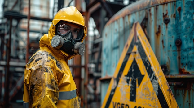 Photo un ouvrier portant une combinaison jaune et un masque respiratoire se tient dans un environnement industriel rouillé