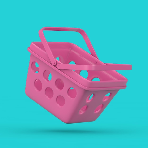 Panier d'épicerie de style minimal de dessin animé rose dans le rendu 3d de style bicolore