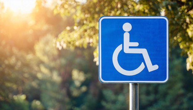 Photo un panneau de signalisation bleu pour personnes handicapées sur un fond naturel d'arbres verts