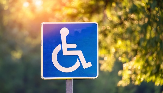 Photo un panneau de signalisation bleu pour personnes handicapées sur un fond naturel d'arbres verts