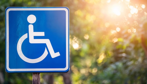 Photo un panneau de signalisation bleu pour personnes handicapées sur un fond naturel d'arbres verts