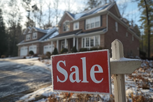 Photo un panneau de vente annonçant une maison à vendre devant une maison de banlieue à l'automne