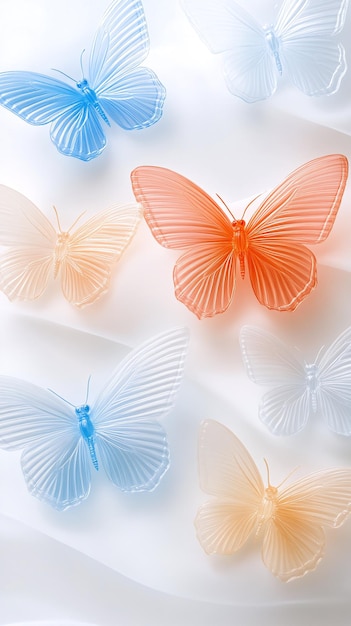 Photo des papillons délicats et translucides de couleurs pastel sur un fond blanc doux