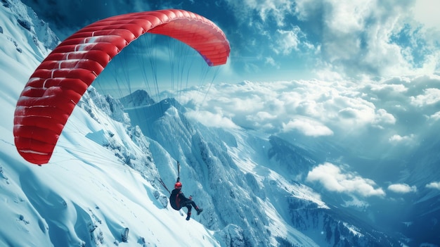 Photo parapente avec un parachute rouge s'élevant au-dessus des sommets enneigés de la montagne art numérique mettant en valeur l'aventure et le frisson parfait pour les voyages, les sports d'aventures et les thèmes liés à l'hiver ai de prise de vue vivante et dynamique