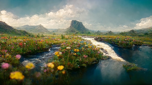 Le paysage d'été d'un champ de fleurs avec des arbres et des montagnes d'herbe verte et d'herbe à l'horizon