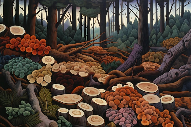 Paysage forestier avec des arbres et des champignons