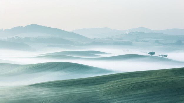 Photo paysage matin brumeux avec des collines vallonnées