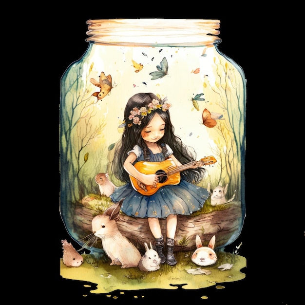 Une peinture d'une fille jouant de la guitare dans un bocal avec une photo d'un lapin.