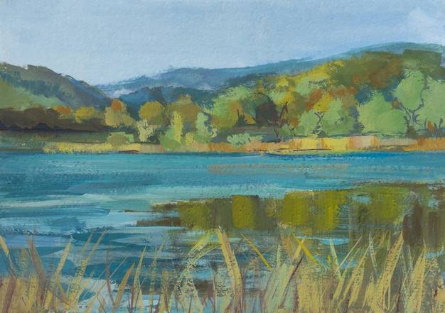 Peinture de gouache de lac de paysage d'automne. Beau paysage d'automne pastel calme.