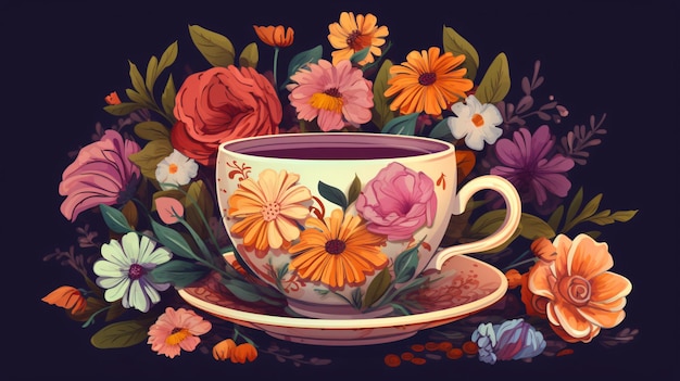 Une peinture d'une tasse de thé avec des fleurs et une tasse de thé.