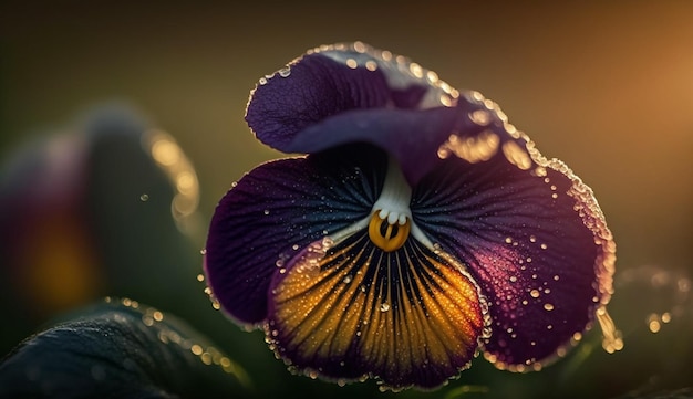 Une pensée violette avec le soleil qui brille dessus