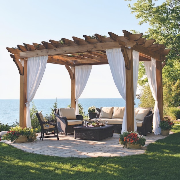 Photo pergolas en bois avec rideaux blancs, meubles en osier et un patio surplombant l'océan