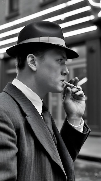 Photo un personnage de film noir fumant une cigarette.