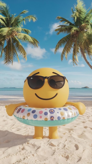 Photo un personnage souriant en 3d portant des lunettes de soleil avec un anneau gonflable plage de sable tropical d'été sur une plage ensoleillée