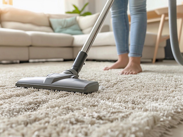 Photo une personne aspire un tapis de salon par un après-midi ensoleillé avec des meubles confortables