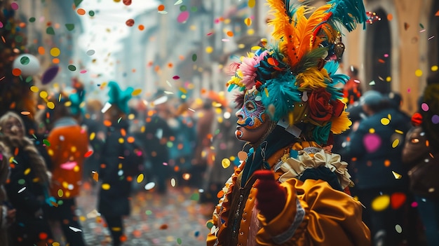 Photo une personne en costume avec un chapeau coloré et des plumes dessus