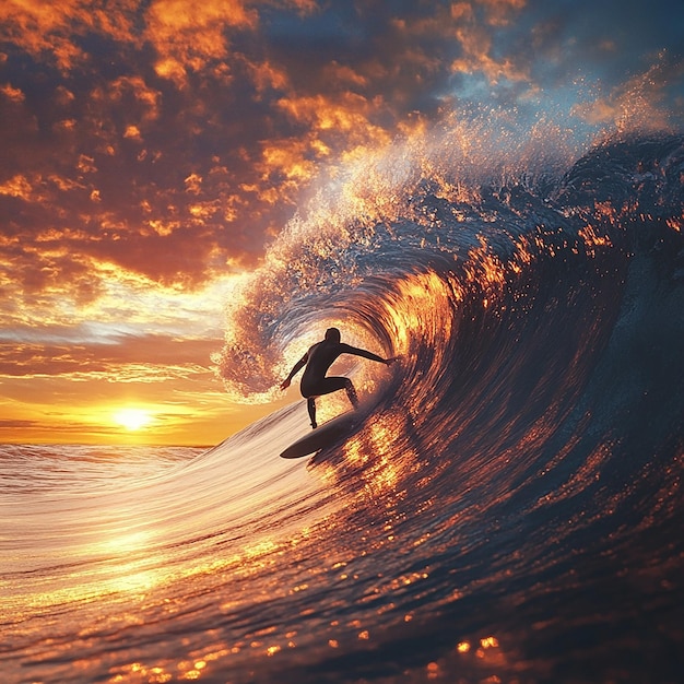 Photo une photo 3d d'un surfeur sur une vague au coucher du soleil