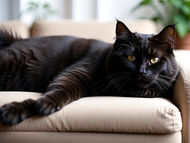 Photo Un beau chat mignon est allongé sur le canapé et dans une pose relaxée de gros plan généré par l'IA