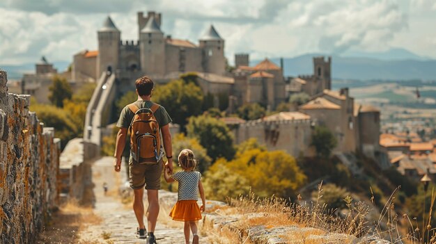 Photo photo d'une famille explorant les murs fortifiés de la ville médiévale de carcassonne, en france