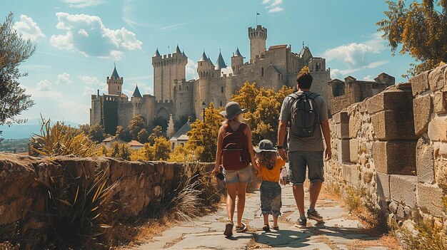 Photo photo d'une famille explorant les murs fortifiés de la ville médiévale de carcassonne, en france