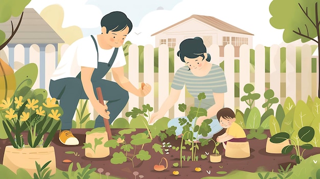 Photo une photo d'une famille travaillant dans un jardin avec un enfant et un enfant