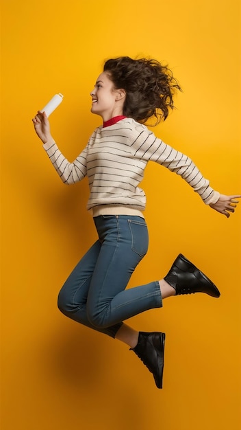 Photo photo de profil en taille réelle d'une jeune fille joyeuse sautant une solution d'avantage publicitaire isolée au-dessus