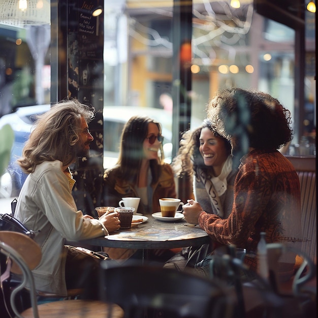 Des photos 3D d'un groupe d'amis assis dans un café.