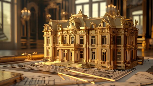 Photo un plan d'un manoir de luxe avec un modèle 3d sur un décor doré opulent