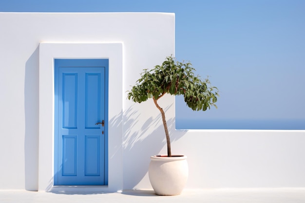 Photo une plante dans un pot à côté d'une porte bleue