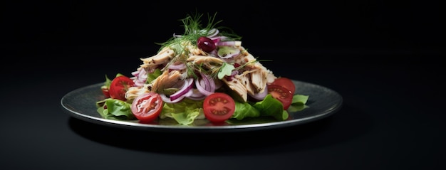 poitrine de poulet grillée avec salade verte et frites sur une assiette noire assaisonnement de salade sain vue supérieure IA générative