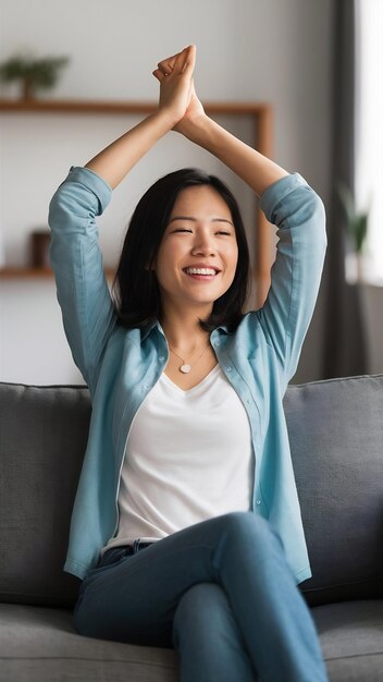 Photo portrait d'une femme asiatique insouciante qui profite d'une journée de congé assise sur le canapé et souriante, heureuse de se détendre à l'intérieur.