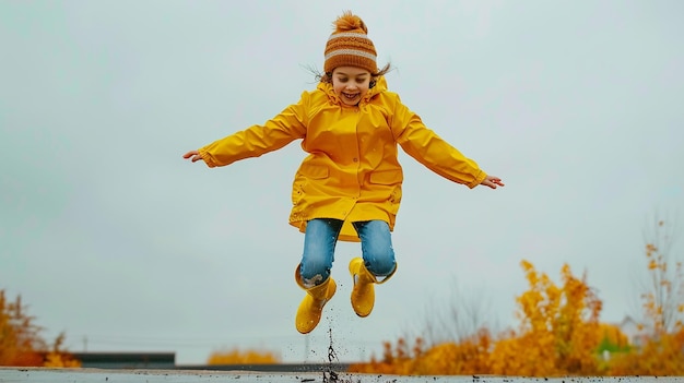 Photo portrait d'une fille heureuse dans un imperméable jaune vif