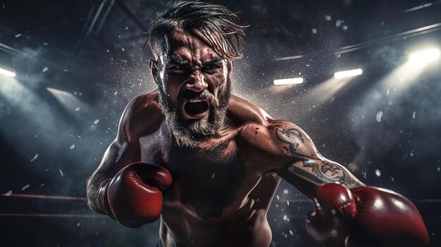 Photo portrait d'un homme dans un ring de boxe s'entraînant à la boxe