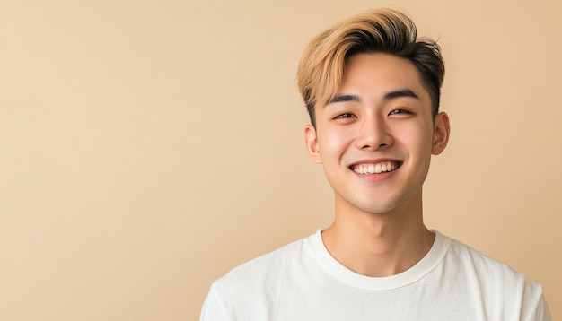 Photo portrait d'un jeune adolescent asiatique souriant aux cheveux blonds sur un fond beige clair