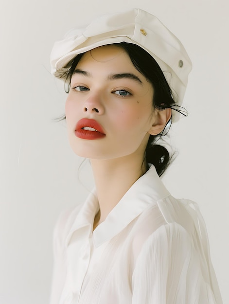 Photo portrait d'une jeune femme avec un chapeau et une chemise blancs