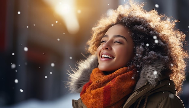 Portrait photo d'une femme noire riant fort contre l'hiver